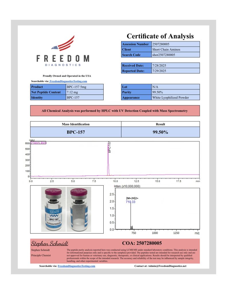 View the official BPC-157 Certificate of Analysis (COA) featuring verified purity results, batch identification, and a lab-tested peptide vial image confirming quality and authenticity.
