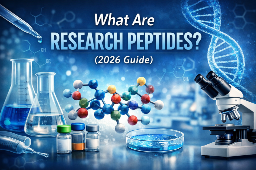What are research peptides 2026 guide with molecular structure, laboratory glassware, and microscope